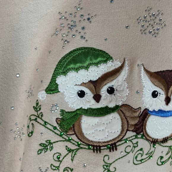 Morning Sun Vintage double collar embroidered beaded Christmas owl sweatshirt - Picture 4 of 8